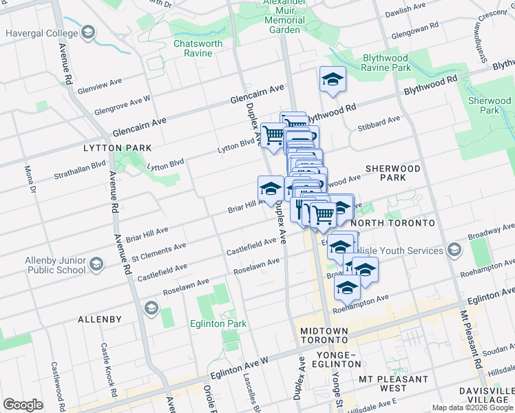 map of restaurants, bars, coffee shops, grocery stores, and more near 101 Briar Hill Avenue in Toronto