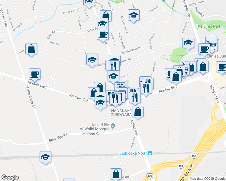 map of restaurants, bars, coffee shops, grocery stores, and more near 2044 Kipling Avenue in Toronto