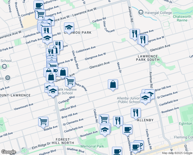 map of restaurants, bars, coffee shops, grocery stores, and more near 211 Strathallan Wood in Toronto