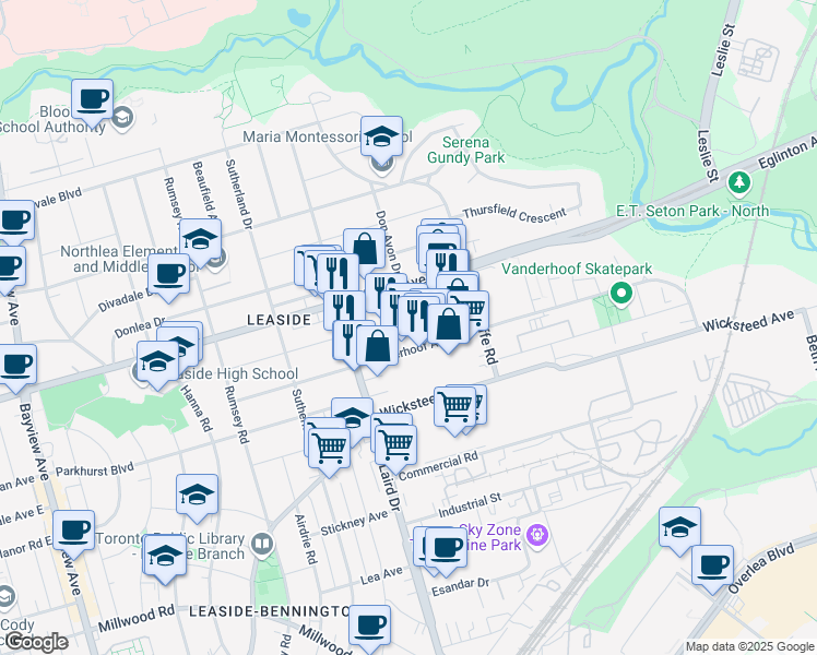 map of restaurants, bars, coffee shops, grocery stores, and more near 845 Eglinton Avenue East in Toronto