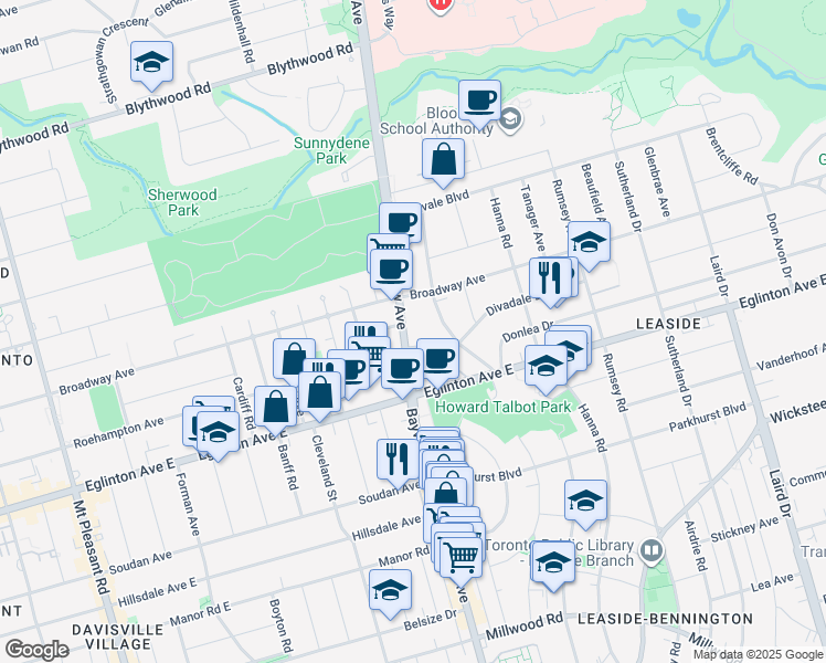 map of restaurants, bars, coffee shops, grocery stores, and more near 1835 Bayview Avenue in Toronto