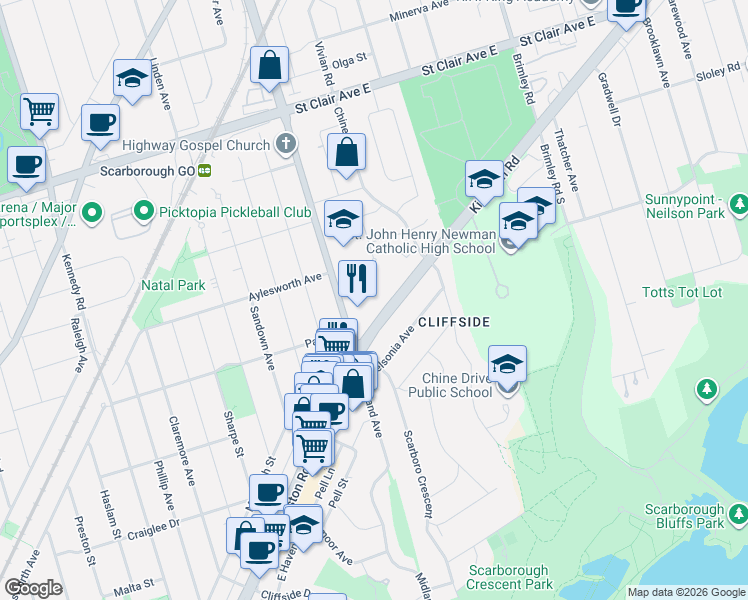 map of restaurants, bars, coffee shops, grocery stores, and more near 2560 Kingston Road in Toronto