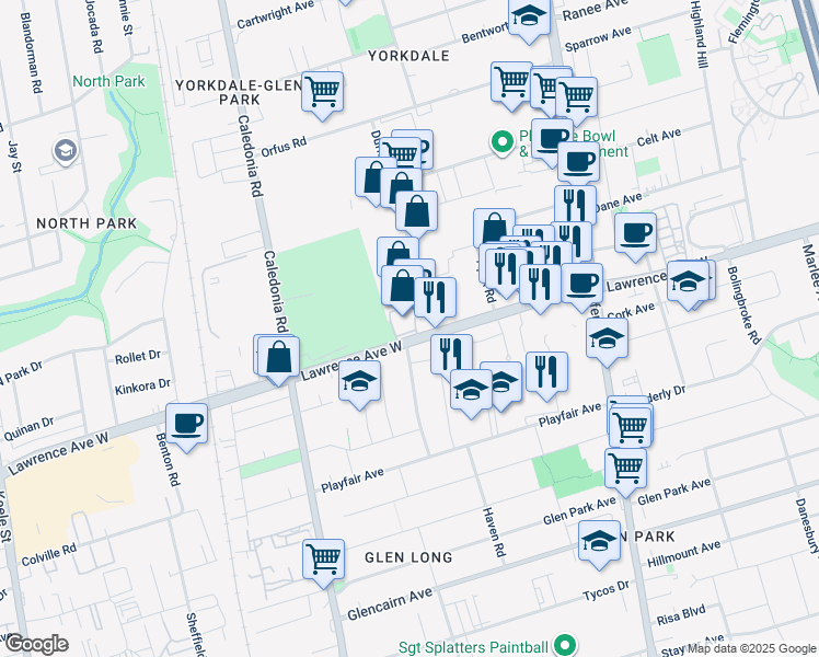 map of restaurants, bars, coffee shops, grocery stores, and more near 18 Dufflaw Road in Toronto