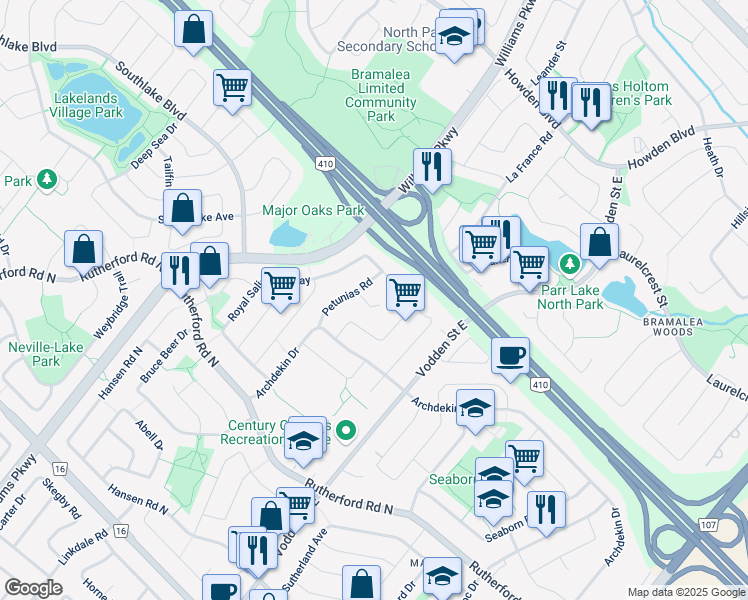 map of restaurants, bars, coffee shops, grocery stores, and more near 12 Olive Court in Brampton