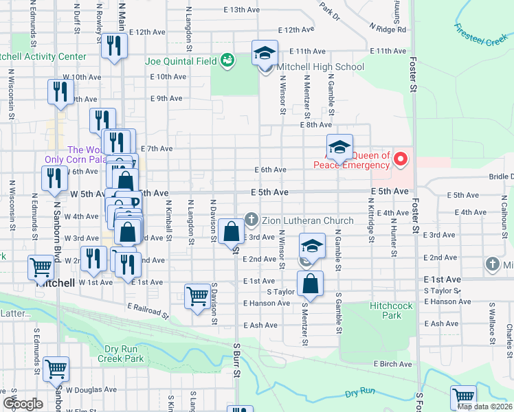 map of restaurants, bars, coffee shops, grocery stores, and more near 401-499 North Capital Street in Mitchell