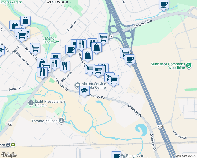 map of restaurants, bars, coffee shops, grocery stores, and more near 6800 Rexwood Road in Mississauga