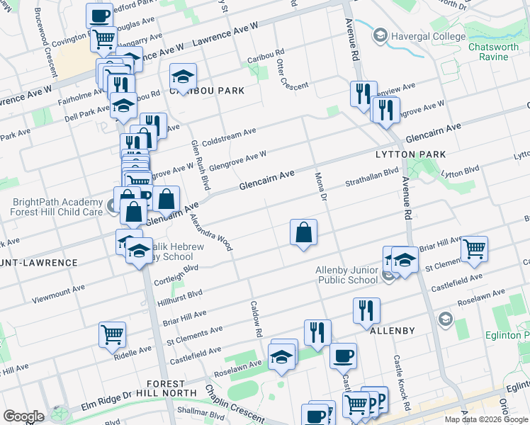 map of restaurants, bars, coffee shops, grocery stores, and more near 207 Strathallan Boulevard in Toronto