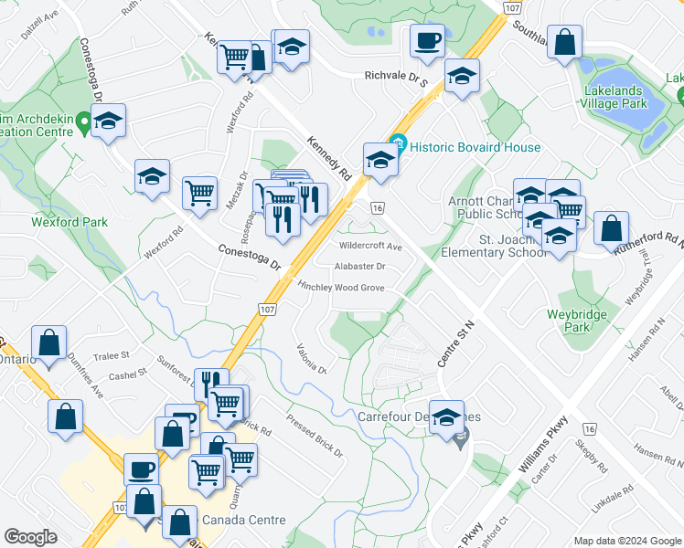 map of restaurants, bars, coffee shops, grocery stores, and more near 46 Alabaster Drive in Brampton