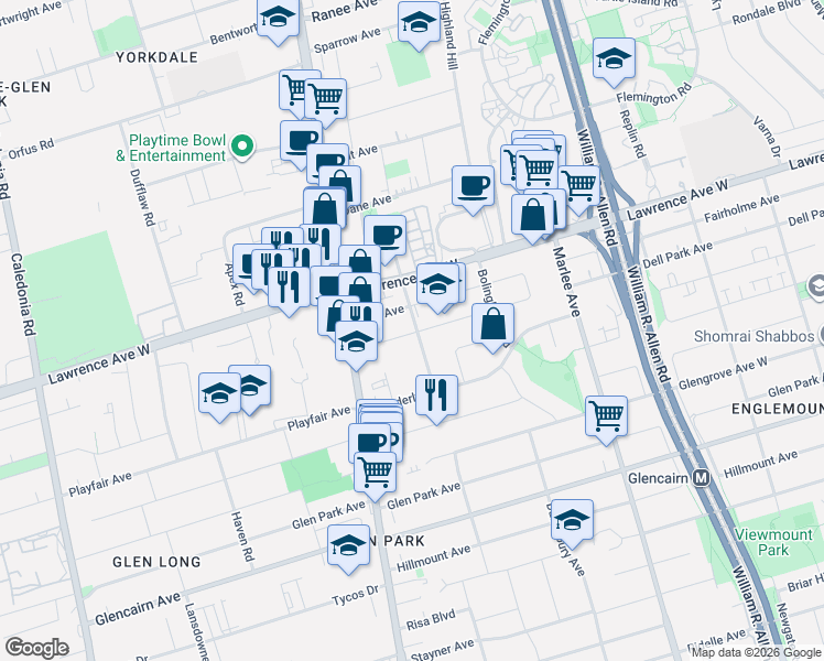 map of restaurants, bars, coffee shops, grocery stores, and more near 38 Claver Avenue in Toronto