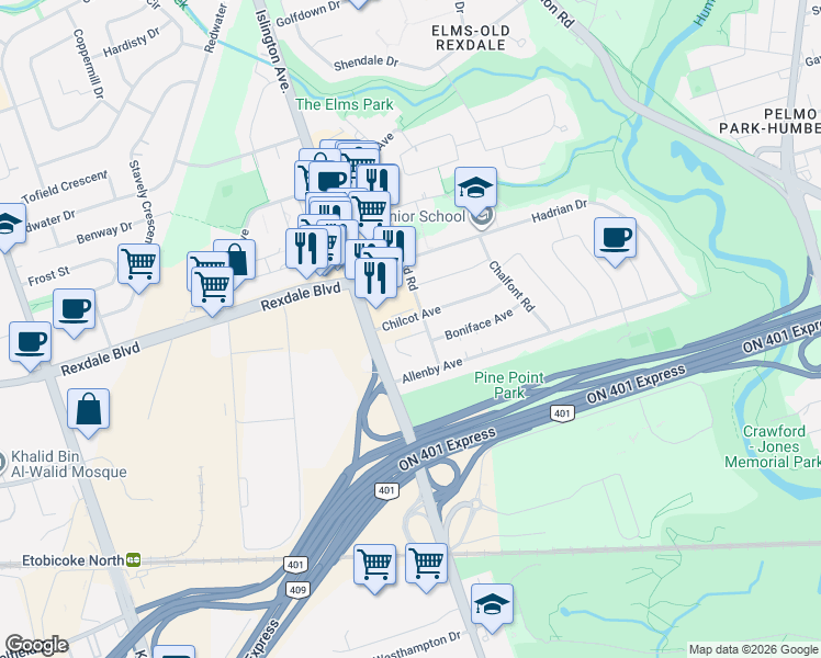 map of restaurants, bars, coffee shops, grocery stores, and more near 6 Brigham Court in Toronto