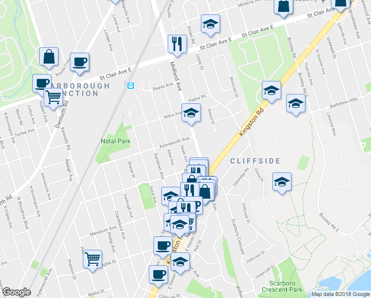map of restaurants, bars, coffee shops, grocery stores, and more near 43 Heale Avenue in Toronto