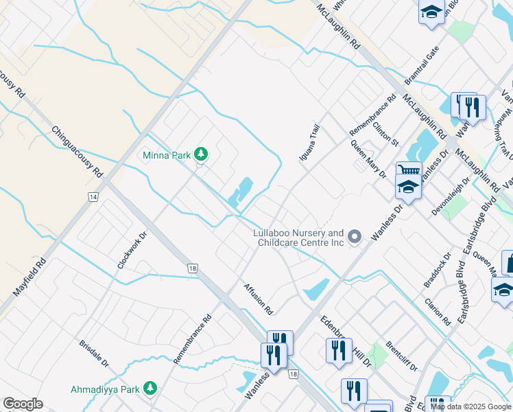 map of restaurants, bars, coffee shops, grocery stores, and more near 21 Boat Street in Brampton