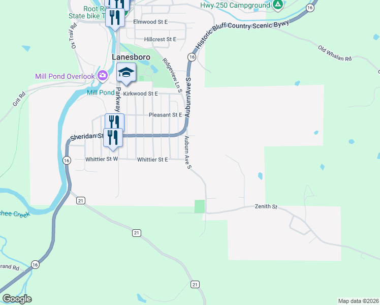 map of restaurants, bars, coffee shops, grocery stores, and more near 708 Auburn Avenue South in Lanesboro