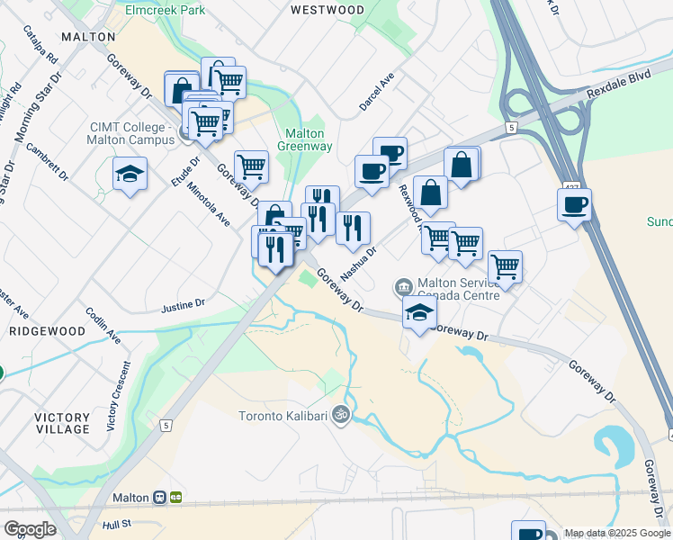 map of restaurants, bars, coffee shops, grocery stores, and more near 3525 Nashua Drive in Mississauga