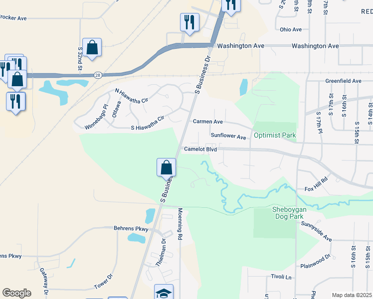 map of restaurants, bars, coffee shops, grocery stores, and more near 2617 Camelot Boulevard in Sheboygan