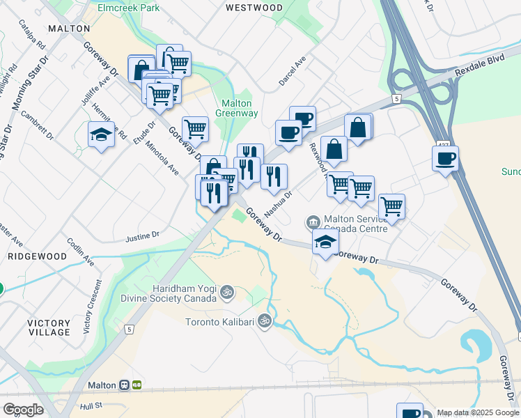 map of restaurants, bars, coffee shops, grocery stores, and more near 3525 Nashua Drive in Mississauga