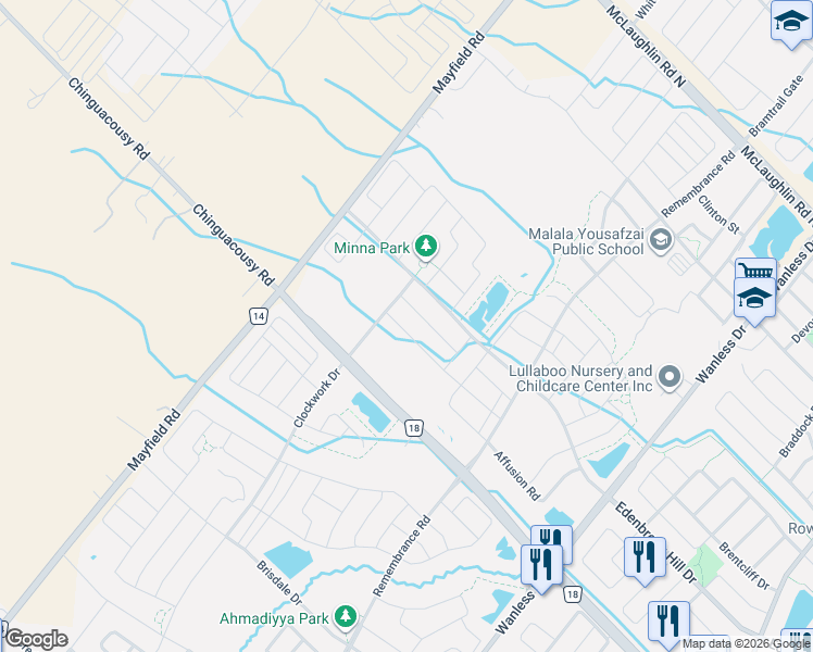 map of restaurants, bars, coffee shops, grocery stores, and more near 15 Callandar Road in Brampton