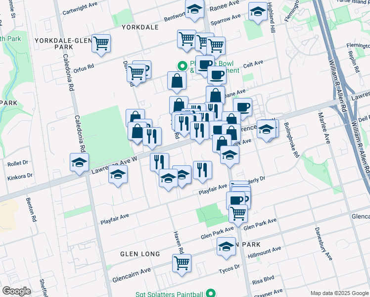 map of restaurants, bars, coffee shops, grocery stores, and more near 3 Good Shepherd Court in Toronto