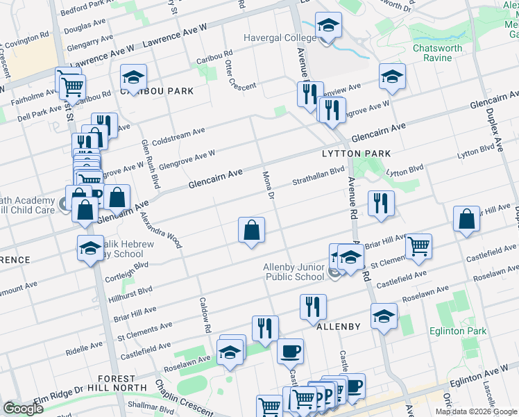 map of restaurants, bars, coffee shops, grocery stores, and more near 326 Lytton Boulevard in Toronto