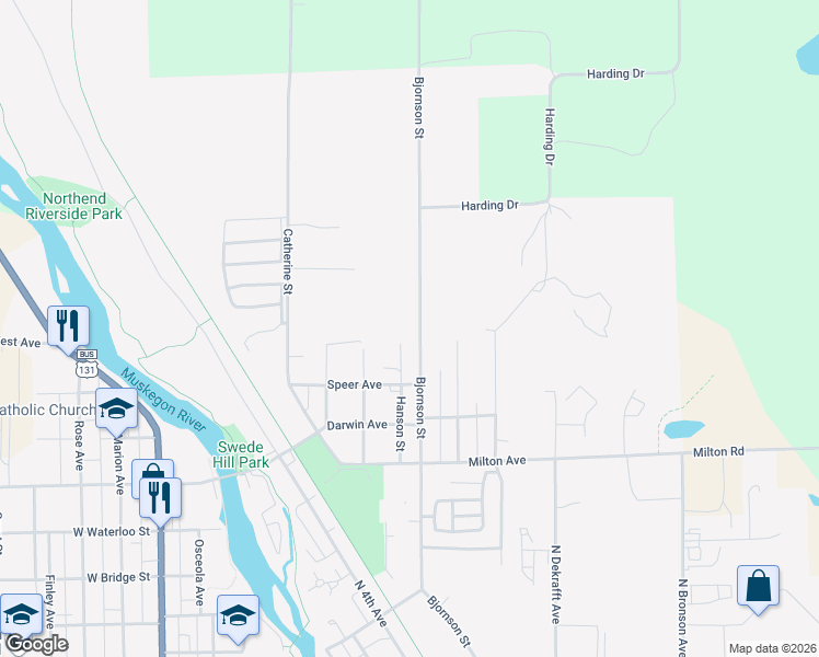 map of restaurants, bars, coffee shops, grocery stores, and more near 1101 Bjornson Street in Big Rapids