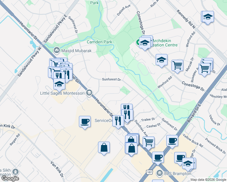 map of restaurants, bars, coffee shops, grocery stores, and more near in Brampton