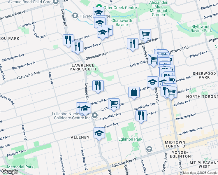 map of restaurants, bars, coffee shops, grocery stores, and more near 25 Cortleigh Boulevard in Toronto