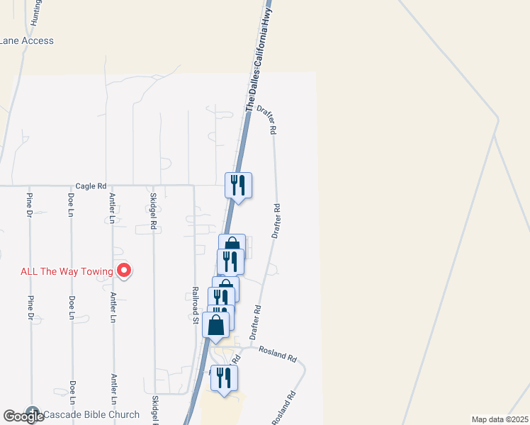 map of restaurants, bars, coffee shops, grocery stores, and more near 52663 Drafter Road in La Pine
