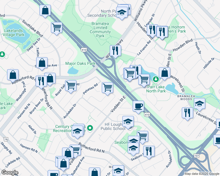 map of restaurants, bars, coffee shops, grocery stores, and more near 284 Royal Salisbury Way in Brampton