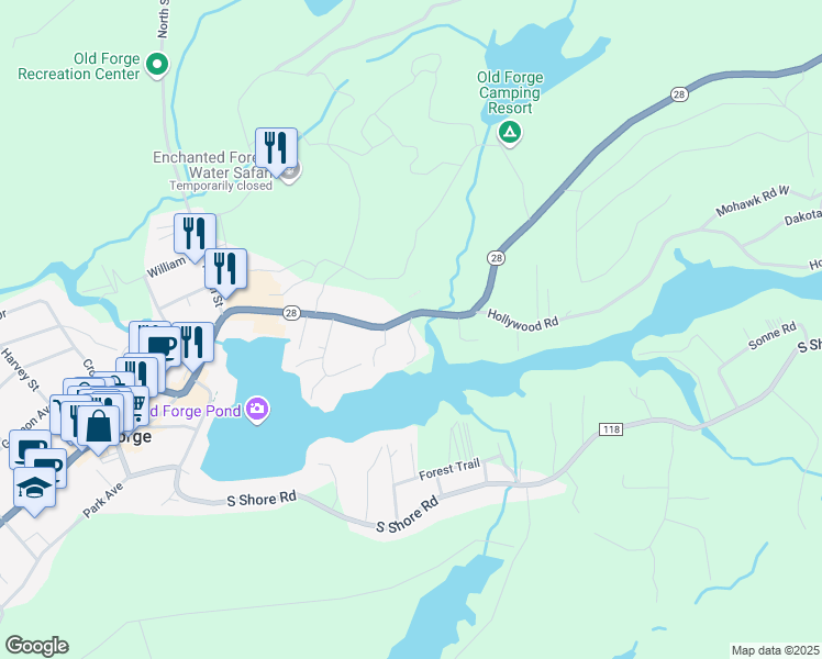 map of restaurants, bars, coffee shops, grocery stores, and more near 3260 New York 28 in Old Forge