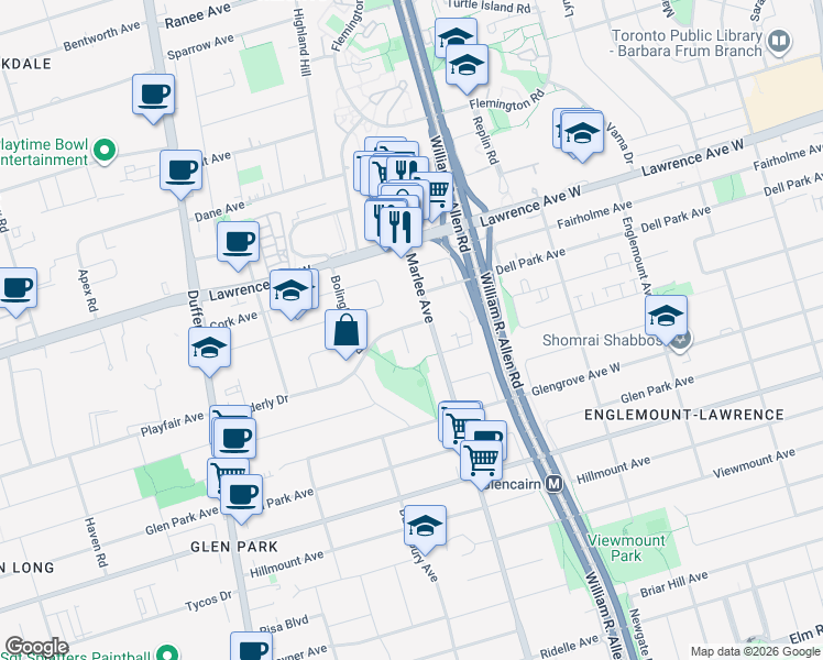 map of restaurants, bars, coffee shops, grocery stores, and more near in Toronto