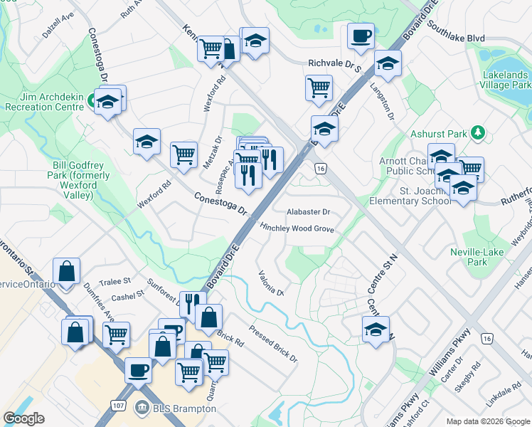 map of restaurants, bars, coffee shops, grocery stores, and more near 68 Alabaster Drive in Brampton