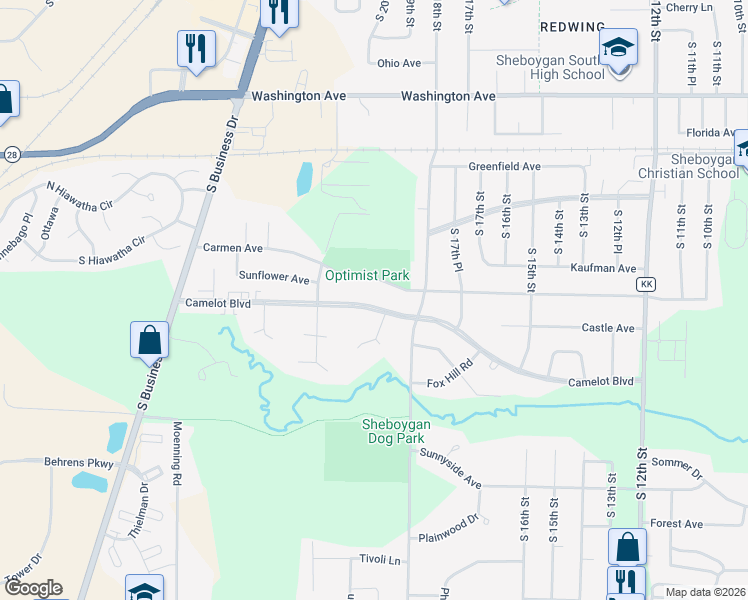 map of restaurants, bars, coffee shops, grocery stores, and more near 1914 Camelot Boulevard in Sheboygan