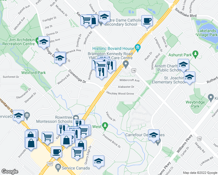 map of restaurants, bars, coffee shops, grocery stores, and more near 68 Alabaster Drive in Brampton