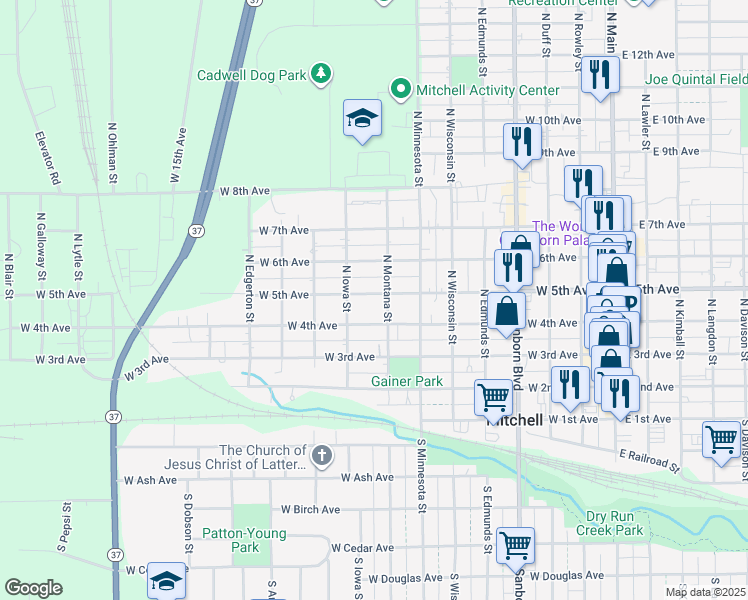 map of restaurants, bars, coffee shops, grocery stores, and more near 811 West 5th Avenue in Mitchell