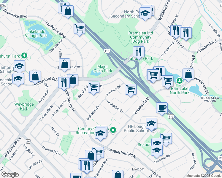 map of restaurants, bars, coffee shops, grocery stores, and more near 32 Petunias Road in Brampton