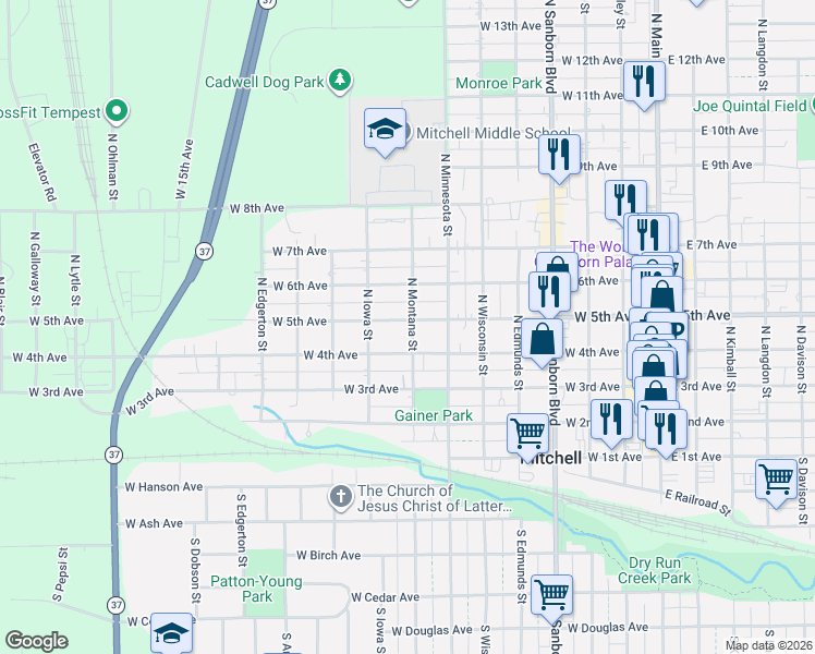 map of restaurants, bars, coffee shops, grocery stores, and more near 811 West 5th Avenue in Mitchell