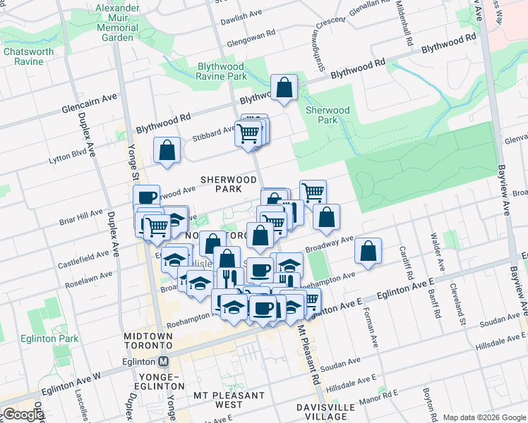 map of restaurants, bars, coffee shops, grocery stores, and more near 1000 Mount Pleasant Road in Toronto