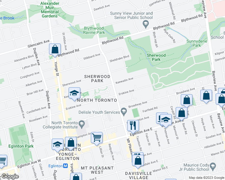 map of restaurants, bars, coffee shops, grocery stores, and more near 1000 Mount Pleasant Road in Toronto