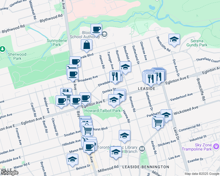 map of restaurants, bars, coffee shops, grocery stores, and more near 30 Donlea Drive in Toronto