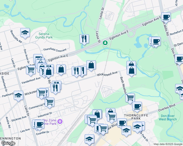 map of restaurants, bars, coffee shops, grocery stores, and more near 95 Research Road in Toronto