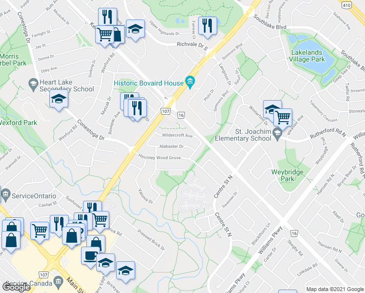 map of restaurants, bars, coffee shops, grocery stores, and more near Alabaster Drive in Brampton