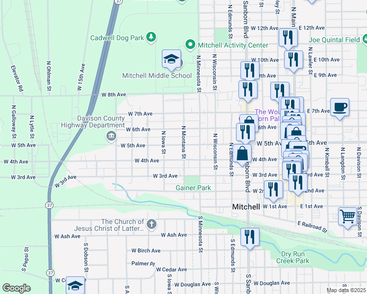map of restaurants, bars, coffee shops, grocery stores, and more near 801 West 5th Avenue in Mitchell