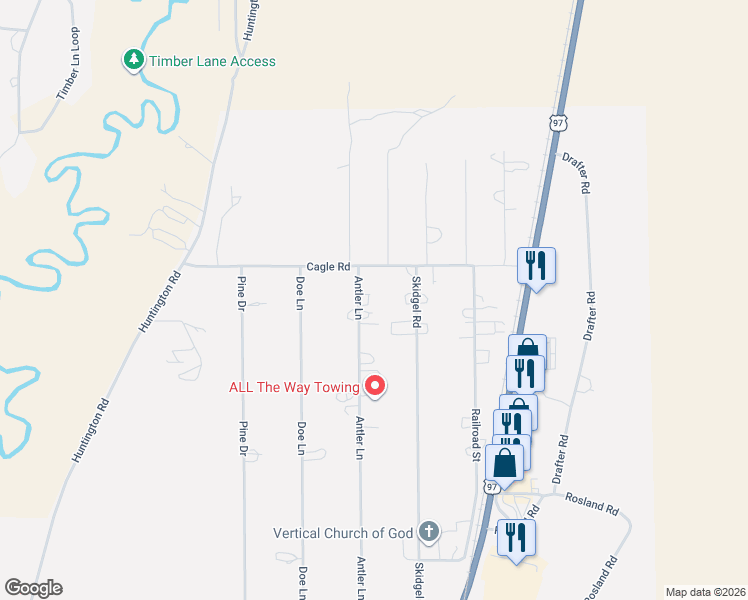 map of restaurants, bars, coffee shops, grocery stores, and more near 52670 Antler Lane in La Pine