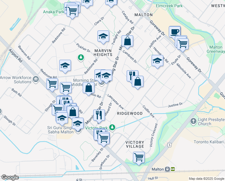 map of restaurants, bars, coffee shops, grocery stores, and more near 7292 Redfox Road in Mississauga