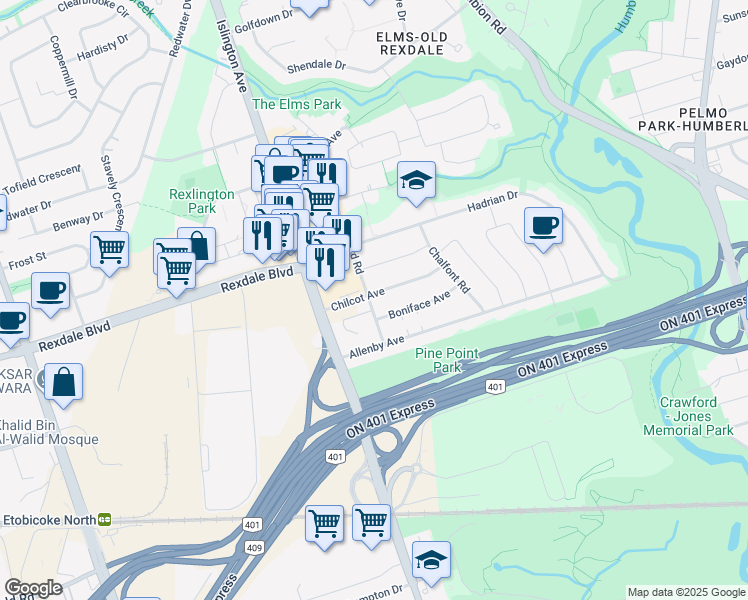 map of restaurants, bars, coffee shops, grocery stores, and more near in Toronto