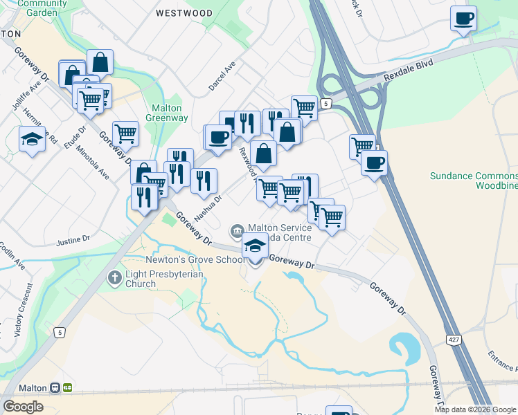 map of restaurants, bars, coffee shops, grocery stores, and more near 6860 Rexwood Road in Mississauga