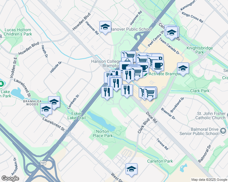 map of restaurants, bars, coffee shops, grocery stores, and more near 14 Lisa Street in Brampton