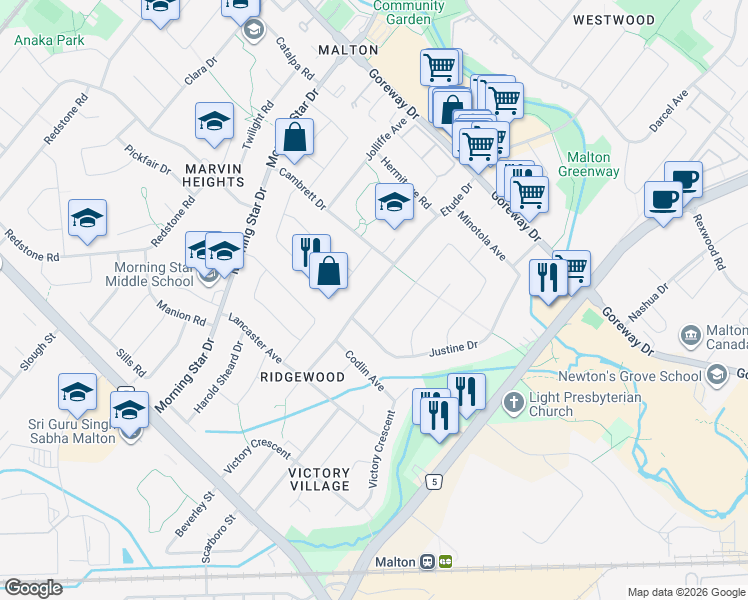 map of restaurants, bars, coffee shops, grocery stores, and more near 3266 Etude Drive in Mississauga