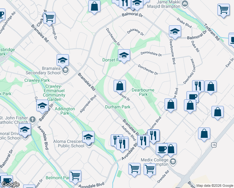 map of restaurants, bars, coffee shops, grocery stores, and more near 2 Durham Crescent in Brampton