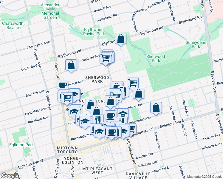 map of restaurants, bars, coffee shops, grocery stores, and more near 1000 Mount Pleasant Road in Toronto